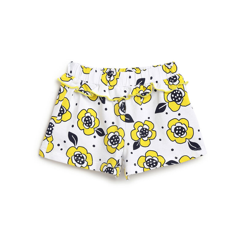 Girls White and Yellow Printed Outfit with Short Pants image number 2